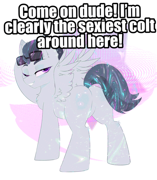 Size: 837x960 | Tagged: suggestive, artist:thieftea, edit, editor:undeadponysoldier, ponerpics import, ponybooru import, rumble, pegasus, pony, bedroom eyes, butt, colt, flirting, foal, gif, grin, image, looking at you, looking back, looking back at you, male, one eye closed, sexiest pony alive, sexy, shiny butt, smiling, smiling at you, sparkles, stupid sexy rumble, sunglasses, talking to viewer, wink, winking at you