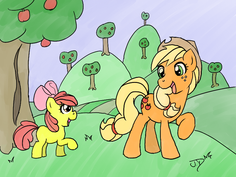 Size: 800x600 | Tagged: safe, artist:jd86, derpibooru import, apple bloom, applejack, earth pony, pony, apple, apple sisters, female, filly, foal, food, image, mare, png, siblings, sisters, tree