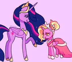 Size: 1170x1000 | Tagged: safe, artist:risswm, derpibooru import, luster dawn, twilight sparkle, twilight sparkle (alicorn), alicorn, pony, alicornified, butt, clothes, concave belly, crown, dress, duo, ethereal mane, ethereal tail, folded wings, height difference, hoof shoes, horn, image, jewelry, long horn, long legs, long mane, long tail, looking at each other, looking at someone, lustercorn, peytral, pink background, plot, png, princess shoes, race swap, raised hoof, regalia, simple background, slim, smiling, starry mane, starry tail, tail, tall, thin, tiara, wings