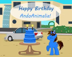Size: 11000x8653 | Tagged: safe, artist:creedyboy124, derpibooru import, oc, oc:andrew, unofficial characters only, pony, unicorn, cake, car, food, happy birthday, hat, image, male, party hat, png, solo, table