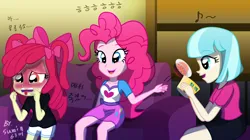 Size: 2390x1339 | Tagged: safe, artist:sumin6301, derpibooru import, apple bloom, coco pommel, pinkie pie, human, equestria girls, blushing, couch, image, jpeg, korean, moon runes, spicy, tongue out