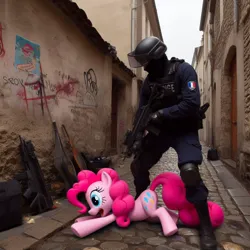 Size: 1024x1024 | Tagged: prompter needed, safe, ai content, derpibooru import, machine learning generated, pinkie pie, earth pony, human, pony, alley, arrest, boots, clothes, cobblestone street, female, france, generator:bing image creator, generator:dall-e 3, gun, helmet, image, irl, jpeg, mare, photo, police, police officer, police uniform, ponies in real life, rifle, shoes, weapon
