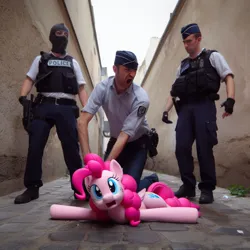 Size: 1024x1024 | Tagged: prompter needed, safe, ai content, derpibooru import, machine learning generated, pinkie pie, earth pony, human, pony, alley, arrest, clothes, cobblestone street, cuffs, female, france, generator:bing image creator, generator:dall-e 3, handcuffed, image, irl, jpeg, mare, photo, police, police officer, police uniform, ponies in real life