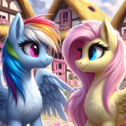 Size: 1024x1024 | Tagged: safe, ai content, machine learning generated, ponerpics import, ponybooru import, fluttershy, rainbow dash, pegasus, pony, bing, chest fluff, ear fluff, ears, feather in hair, female, flutterdash, image, jpeg, lesbian, looking at each other, mare, partially open wings, ponyville, shipping, smiling, smiling at each other