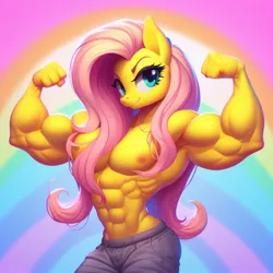 Size: 1024x1024 | Tagged: suggestive, ai content, artist:fluttersonicart, derpibooru import, machine learning generated, fluttershy, anthro, pegasus, clothes, female, flexing, image, jpeg, muscles, muscleshy, muscular female, nipples, nudity, partial nudity, pose, rainbow, solo, solo female, topless