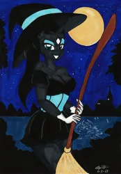 Size: 2074x2985 | Tagged: safe, artist:newyorkx3, derpibooru import, oc, oc:sally, unofficial characters only, anthro, broom, halloween, holiday, image, jpeg, moon, night, solo, traditional art, witch costume