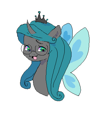 Size: 342x388 | Tagged: safe, artist:fluttr3, derpibooru import, idw, queen chrysalis, changeling, changeling queen, bust, female, glasses, image, jpeg, looking at you, mirror universe, open mouth, reversalis, simple background, smiling, solo, white background