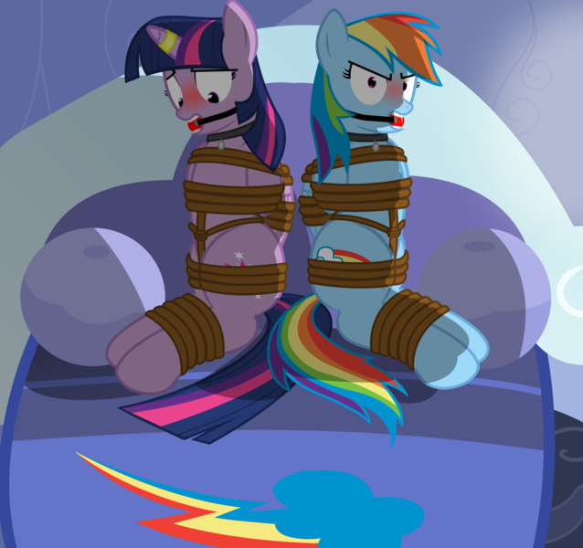 Size: 9000x8468 | Tagged: suggestive, artist:cardshark777, derpibooru import, rainbow dash, twilight sparkle, twilight sparkle (alicorn), alicorn, pegasus, pony, angry, arm behind back, ballgag, bed, blushing, bondage, bound and gagged, bound wings, captured, commission, dashsub, digital art, embarrassed, femsub, g4, gag, helpless, hooves behind back, horn, horn ring, image, jewelry, looking at you, looking down, magic suppression, png, rainbow dash is not amused, rainbow dash's bedroom, ring, submissive, twisub, unamused, wings, wip