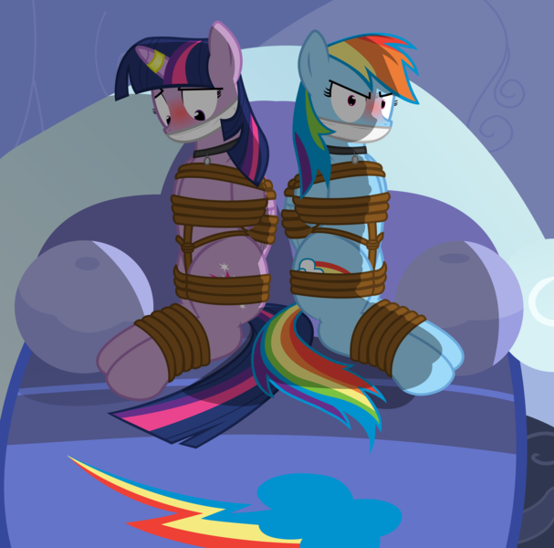 Size: 8922x8813 | Tagged: suggestive, alternate version, artist:cardshark777, derpibooru import, rainbow dash, twilight sparkle, twilight sparkle (alicorn), alicorn, pegasus, pony, angry, arm behind back, bed, blushing, bondage, bound and gagged, bound wings, captured, cloth gag, commission, dashsub, digital art, embarrassed, femsub, g4, gag, helpless, hooves behind back, horn, horn ring, image, jewelry, looking at you, looking down, magic suppression, png, rainbow dash is not amused, rainbow dash's bedroom, ring, submissive, twisub, unamused, wings, wip
