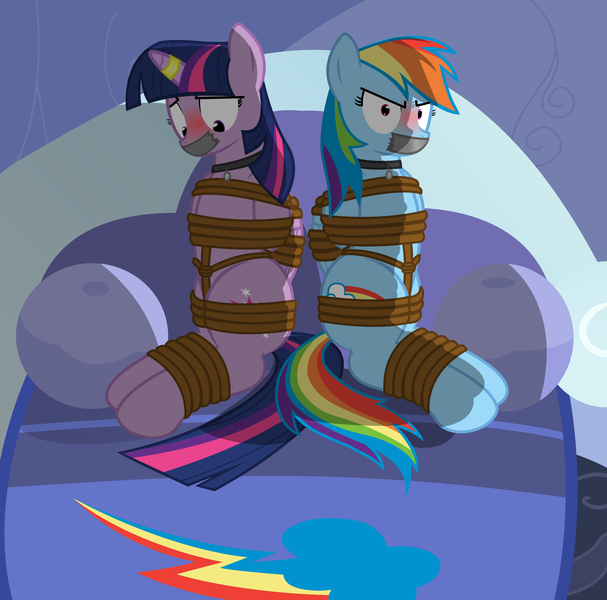 Size: 8922x8813 | Tagged: suggestive, alternate version, artist:cardshark777, derpibooru import, rainbow dash, twilight sparkle, twilight sparkle (alicorn), alicorn, pegasus, pony, angry, arm behind back, bed, blushing, bondage, bound and gagged, bound wings, captured, commission, dashsub, digital art, embarrassed, femsub, g4, gag, helpless, hooves behind back, horn, horn ring, image, jewelry, looking at you, looking down, magic suppression, png, rainbow dash is not amused, rainbow dash's bedroom, ring, submissive, tape, tape gag, twisub, unamused, wings, wip