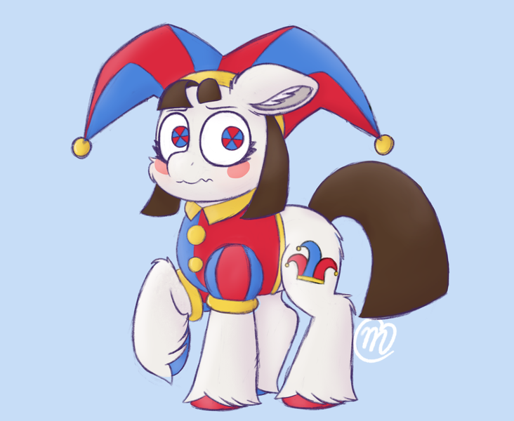 Size: 2034x1668 | Tagged: safe, artist:msaniiart, derpibooru import, ponified, earth pony, pony, blue background, blush sticker, blushing, butt fluff, cheek fluff, colored hooves, digital art, ear fluff, female, floppy ears, hat, hock fluff, image, jester, jester hat, leg fluff, looking at you, mare, png, pomni, raised hoof, signature, simple background, solo, the amazing digital circus, three quarter view, unshorn fetlocks, wavy mouth