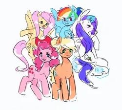 Size: 533x480 | Tagged: safe, artist:fluttr3, derpibooru import, applejack, fluttershy, pinkie pie, rainbow dash, rarity, earth pony, pegasus, pony, unicorn, magical mystery cure, :p, alternate hairstyle, alternate universe, bandage, cloud, clown, clown nose, flying, group, image, jpeg, on a cloud, red nose, simple background, sitting, sitting on cloud, smiling, swapped cutie marks, tongue out, white background