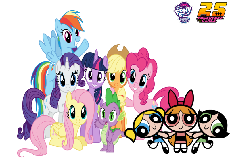 Size: 3500x2500 | Tagged: safe, artist:mlpfan3991, derpibooru import, applejack, fluttershy, pinkie pie, rainbow dash, rarity, spike, twilight sparkle, twilight sparkle (alicorn), alicorn, dragon, earth pony, human, pegasus, pony, unicorn, applejack's hat, blossom (powerpuff girls), bow, bubbles (powerpuff girls), buttercup (powerpuff girls), cowboy hat, female, g4, group picture, hair bow, hat, image, logo, male, my little pony logo, png, simple background, smiling, solo, superhero, the powerpuff girls, the powerpuff girls 25th anniversary, transparent background
