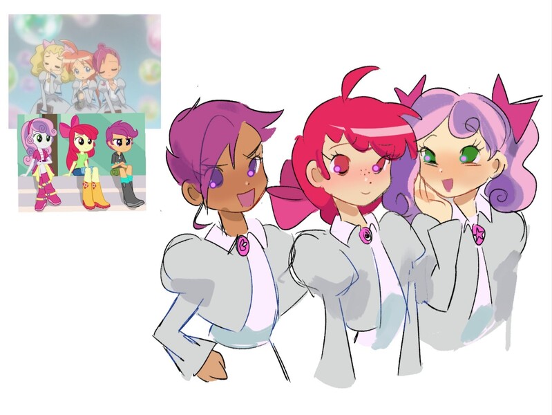 Size: 2048x1538 | Tagged: safe, artist:fluttr3, derpibooru import, apple bloom, scootaloo, sweetie belle, human, equestria girls, anime, clothes, crossover, cutie mark crusaders, freckles, image, jpeg, open mouth, princess tutu, screencap reference, simple background, smiling, white background