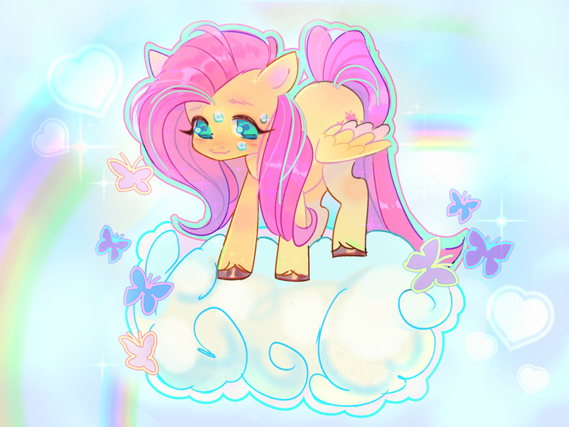 Size: 2047x1535 | Tagged: safe, artist:fluttr3, derpibooru import, fluttershy, butterfly, insect, pegasus, pony, cloud, image, jpeg, simple background, smiling, solo, sweat, sweatdrop, white background