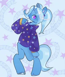 Size: 1734x2048 | Tagged: safe, artist:fluttr3, derpibooru import, trixie, pony, unicorn, alternate hairstyle, babysitter trixie, clothes, gameloft, hoodie, image, jpeg, simple background, smiling, solo, standing on two hooves, white background