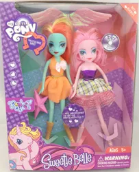Size: 484x596 | Tagged: safe, derpibooru import, rarity (g3), human, pony, unicorn, equestria girls, g3, ages 5+, blatant lies, bootleg, boots, choking hazard, clothes, doll, dress, duo, equestria girls-ified, female, g3 to equestria girls, g4, generation leap, image, jpeg, my little baby sweet, my little pony logo, oh god no, photo, shoes, toy, wall eyed