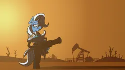 Size: 3840x2160 | Tagged: safe, artist:cowsrtasty, derpibooru import, trixie, pony, bipedal, commission, desert, glasses, image, lidded eyes, looking at you, medic, oil pump, png, smiling, solo, team fortress 2