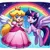 Size: 1024x1024 | Tagged: safe, ai content, artist:user15432, derpibooru import, machine learning generated, twilight sparkle, twilight sparkle (alicorn), alicorn, human, pony, alternate cutie mark, clothes, crown, dress, female, flying, generator:bing image creator, horn, image, jewelry, jpeg, lesbian, nintendo, princess peach, rainbow, regalia, stars, super mario bros., white wings, wings