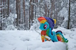 Size: 1280x850 | Tagged: safe, artist:mgrdash, derpibooru import, rainbow dash, pegasus, pony, clothes, image, irl, jpeg, photo, plushie, ponies in real life, snow, winter, winter outfit, winterforest