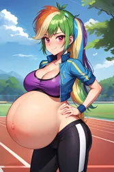 Size: 1024x1536 | Tagged: suggestive, ai content, derpibooru import, machine learning generated, rainbow dash, human, belly, belly button, big belly, big breasts, breasts, busty rainbow dash, cleavage, female, hand on hip, humanized, image, looking at you, outie belly button, png, pregnant, prompter:ojtrucy, smiling, smiling at you, solo, solo female