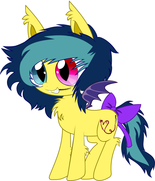 Size: 3052x3556 | Tagged: safe, artist:cactuscruncher, derpibooru import, oc, oc:chelsea smile, unofficial characters only, bat pony, pony, undead, vampire, .svg available, bat pony oc, bat wings, blue eyes, blue mane, blue tail, bow, chest fluff, clothes, derpibooru exclusive, dyed mane, dyed tail, ear fluff, elbow fluff, emo, fangs, heterochromia, hock fluff, image, looking forward, messy mane, messy tail, multicolored mane, png, purple wings, red eyes, sharp teeth, shiny eyes, simple background, slit pupils, small wings, smiling, solo, spread wings, standing, stitches, tail, teeth, transparent background, vector, wings, yellow coat