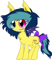 Size: 3052x3556 | Tagged: safe, artist:cactuscruncher, derpibooru import, oc, oc:chelsea smile, unofficial characters only, bat pony, pony, undead, vampire, .svg available, bat pony oc, bat wings, blue eyes, blue mane, blue tail, bow, chest fluff, clothes, derpibooru exclusive, dyed mane, dyed tail, ear fluff, elbow fluff, emo, fangs, heterochromia, hock fluff, image, looking forward, messy mane, messy tail, multicolored mane, png, purple wings, red eyes, sharp teeth, shiny eyes, simple background, slit pupils, small wings, smiling, solo, spread wings, standing, stitches, tail, teeth, transparent background, vector, wings, yellow coat