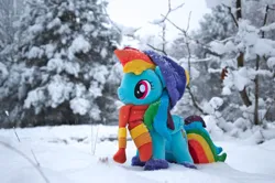 Size: 1280x850 | Tagged: safe, artist:mgrdash, derpibooru import, rainbow dash, pegasus, pony, clothes, image, irl, jpeg, photo, plushie, ponies in real life, snow, winter, winter outfit