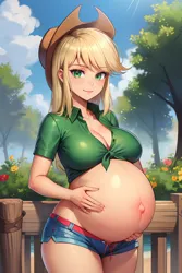 Size: 1024x1536 | Tagged: suggestive, ai content, derpibooru import, machine learning generated, applejack, human, belly, belly button, big belly, big breasts, breasts, busty applejack, cleavage, clothes, female, front knot midriff, hand on belly, humanized, image, looking at you, midriff, outie belly button, png, pregnant, prompter:ojtrucy, shorts, skindentation, smiling, smiling at you, solo, solo female