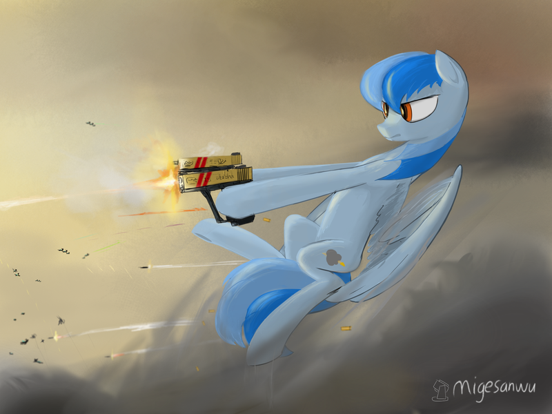 Size: 2160x1620 | Tagged: safe, artist:migesanwu, derpibooru import, oc, changeling, pegasus, pony, bullet, cloud, cloudy, cutie mark, female, fight, folded wings, glock, gun, handgun, image, looking at something, magic, mare, missile, pegasus oc, pistol, png, shooting, side view, signature, weapon, wings