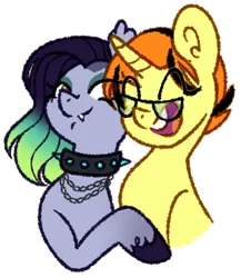 Size: 2072x2392 | Tagged: safe, derpibooru import, oc, oc:cora magics, oc:merille artienda, bat pony, pony, unicorn, choker, duo, fangs, female, glasses, image, long mane, nonbinary, ombré, orange mane, png, purple coat, queer, queerplatonic, short mane, sidecut, yellow coat