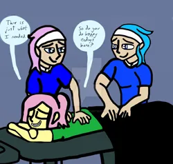 Size: 1600x1523 | Tagged: safe, artist:iamscar2017, derpibooru import, aloe, fluttershy, lotus blossom, human, equestria girls, eyes closed, female, grin, humanized, image, jpeg, relaxing, siblings, sisters, smiling, spa, spa twins, trio