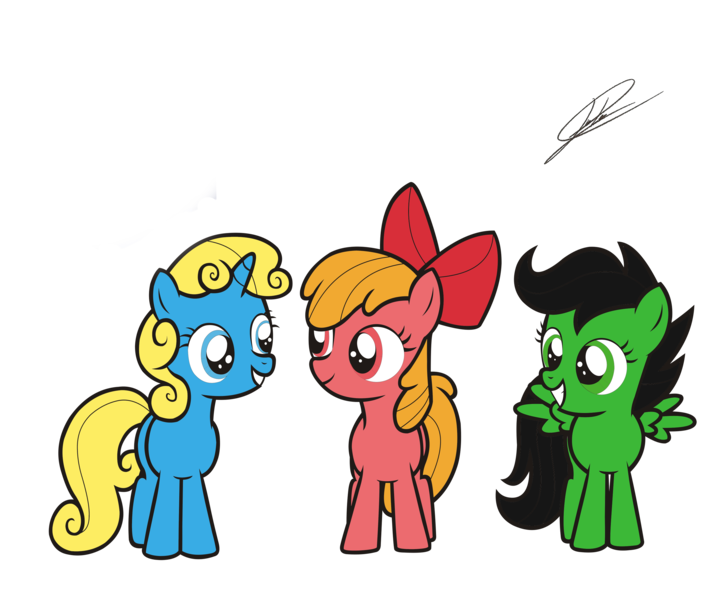 Size: 3000x2500 | Tagged: safe, artist:dsonic720, artist:icicle-wicicle-1517, color edit, derpibooru import, edit, apple bloom, scootaloo, sweetie belle, earth pony, pegasus, pony, unicorn, apple bloom's bow, blossom (powerpuff girls), bow, bubbles (powerpuff girls), buttercup (powerpuff girls), collaboration, colored, cutie mark crusaders, female, filly, foal, grin, hair bow, image, png, recolor, simple background, smiling, the powerpuff girls, transparent background, trio