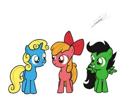 Size: 3000x2500 | Tagged: safe, artist:dsonic720, artist:icicle-wicicle-1517, color edit, derpibooru import, edit, apple bloom, scootaloo, sweetie belle, earth pony, pegasus, pony, unicorn, apple bloom's bow, blossom (powerpuff girls), bow, bubbles (powerpuff girls), buttercup (powerpuff girls), collaboration, colored, cutie mark crusaders, female, filly, foal, grin, hair bow, image, png, recolor, simple background, smiling, the powerpuff girls, transparent background, trio