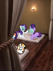 Size: 1024x1373 | Tagged: safe, derpibooru import, rainbow dash, rarity, twilight sparkle, oc, oc:kayla, pegasus, pony, unicorn, eyes closed, female, image, irl, jpeg, male, oregon, photo, ponies in real life, relaxing, smiling, spa, unicorn twilight