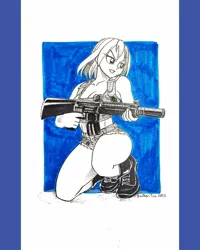 Size: 1080x1350 | Tagged: safe, artist:brother-tico, derpibooru import, rainbow dash, human, assault rifle, boots, breasts, busty rainbow dash, cleavage, clothes, daisy dukes, female, grin, gun, huevember, humanized, image, jpeg, kneeling, midriff, monochrome, rifle, shoes, shorts, smiling, solo, thighs, traditional art, weapon