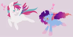 Size: 2198x1124 | Tagged: safe, artist:nyctophilist, derpibooru import, zipp storm, pegasus, pony, unicorn, g5, my little pony: a new generation, my little pony: tell your tale, afro mane, blue coat, blushing, coiled mane, cornrows, dawnstorm, derpibooru exclusive, duo, duo female, duo focus, female, flowing mane, fluffy mane, flying, happy, heart, image, in love, jpeg, lesbian, lineless, love, mare, misty brightdawn, pink hooves, pink mane, purple mane, racing, rebirth misty, running, shipping, smiling, spread wings, white coat, wings