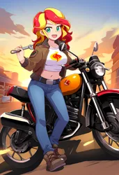 Size: 3328x4864 | Tagged: safe, ai content, derpibooru import, machine learning generated, novelai, stable diffusion, sunset shimmer, human, belly button, bomber jacket, boots, breasts, busty sunset shimmer, clothes, denim, female, happy, image, jacket, jeans, midriff, motorcycle, pants, png, prompter:flitter4935, shoes, solo, sunset, wrench