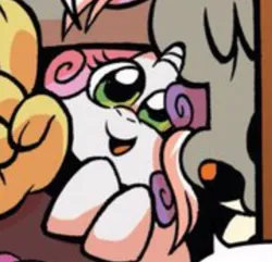 Size: 637x614 | Tagged: safe, derpibooru import, idw, discord, sweetie belle, draconequus, pony, unicorn, spoiler:comic24, cropped, cute, daaaaaaaaaaaw, diasweetes, duo, eyes closed, horn, image, jpeg, snaggletooth