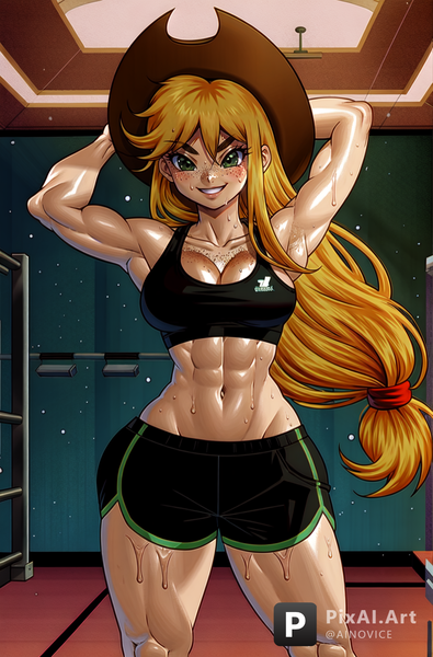 Size: 1032x1567 | Tagged: suggestive, ai content, derpibooru import, machine learning generated, applejack, human, equestria girls, abs, applejack's hat, applejacked, arm behind head, armpits, belly button, breasts, cleavage, clothes, cowboy hat, female, freckles, green eyes, hat, human coloration, image, muscles, muscular female, png, prompter:ainovice, shorts, sports bra, sweat