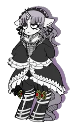 Size: 618x1015 | Tagged: safe, artist:feenadot, derpibooru import, oc, oc:death drive, unofficial characters only, pony, unicorn, bipedal, blank eyes, charm, clothes, curly hair, dress, eyeshadow, female, female oc, g4, goth, image, lolita fashion, makeup, mare, margaret moonlight, no more heroes, png, simple background, solo, standing on two hooves