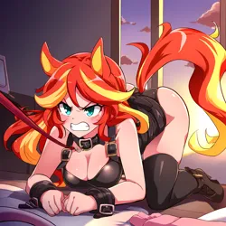 Size: 4096x4096 | Tagged: suggestive, ai content, derpibooru import, machine learning generated, novelai, stable diffusion, sunset shimmer, human, equestria girls, all fours, anal tail plug, angry, ass up, breasts, buckle, busty sunset shimmer, buttplug, cleavage, clothes, collar, crawling, female, femsub, forced, image, implied anal insertion, implied insertion, indoors, leash, pet play, png, prompter:flitter4935, sex toy, socks, solo, solo female, submissive, subset, sunset, thigh highs, window, wrist cuffs