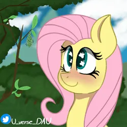 Size: 2048x2048 | Tagged: safe, artist:juniverse, derpibooru import, fluttershy, insect, pegasus, pony, blue sky, blushing, colored, cute, exploitable meme, female, forest, image, jpeg, meme, nature, nature is so fascinating, obligatory pony, pupa, sfw, shyabetes, smiling, solo, tree