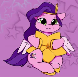 Size: 1498x1481 | Tagged: safe, artist:taurson, derpibooru import, pipp petals, pegasus, pony, g5, adorapipp, cute, female, hoof hold, image, jpeg, looking at you, mare, pillow, purple background, simple background, sitting, smiling, smiling at you, solo