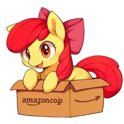 Size: 2000x2000 | Tagged: safe, ai content, derpibooru import, machine learning assisted, apple bloom, earth pony, pony, adorabloom, blushing, box, cardboard box, chest fluff, cute, female, filly, foal, if i fits i sits, image, open mouth, png, pony in a box, simple background, solo, transparent background