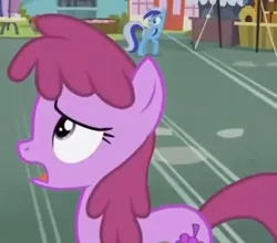 Size: 657x577 | Tagged: safe, derpibooru import, screencap, berry punch, berryshine, minuette, earth pony, pony, unicorn, ponyville confidential, season 2, animation error, cropped, female, frown, image, jpeg, looking back, mare, open mouth, solo focus, turned head, wrong eye color