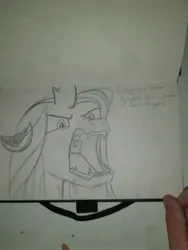 Size: 3000x4000 | Tagged: safe, artist:zestymf, derpibooru import, queen chrysalis, bug pony, changeling, changeling queen, insect, angry, disgusted, female, floppy ears, hissing, horn, image, jagged horn, jpeg, maw, monochrome, nose wrinkle, pencil drawing, scowl, sharp teeth, simple background, sketch, sketchbook, slit pupils, solo, solo female, subtitles, teeth, traditional art, uvula, white background, wrinkles
