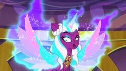 Size: 3072x1727 | Tagged: safe, derpibooru import, screencap, alicorn, pony, g5, my little pony: tell your tale, spoiler:g5, spoiler:my little pony: tell your tale, spoiler:tyts01e67, :o, eyebrows, female, flying, image, jpeg, mare, opaline arcana, open mouth, raised eyebrow, solo, spread wings, the rise and fall, wings