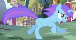 Size: 757x403 | Tagged: safe, derpibooru import, screencap, orchid dew, pony, unicorn, bloom and gloom, season 5, animation error, cropped, female, frown, galloping, image, jpeg, mare, open mouth, panicking, running, solo focus, wrong eye color