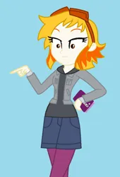 Size: 681x1003 | Tagged: safe, artist:robertsonskywa1, derpibooru import, equestria girls, g5, my little pony: tell your tale, blue background, clothes, cosplay, costume, equestria girls-ified, female, flare (g5), g5 to equestria girls, generation leap, goggles, image, mobile phone, netflix, phone, photo, png, ramona flowers, scott pilgrim takes off, simple background, solo